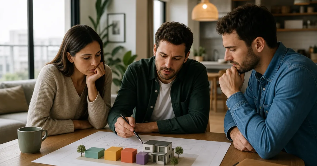 Dos copropietarios revisan un acuerdo de hipoteca y aportaciones para comprar una vivienda